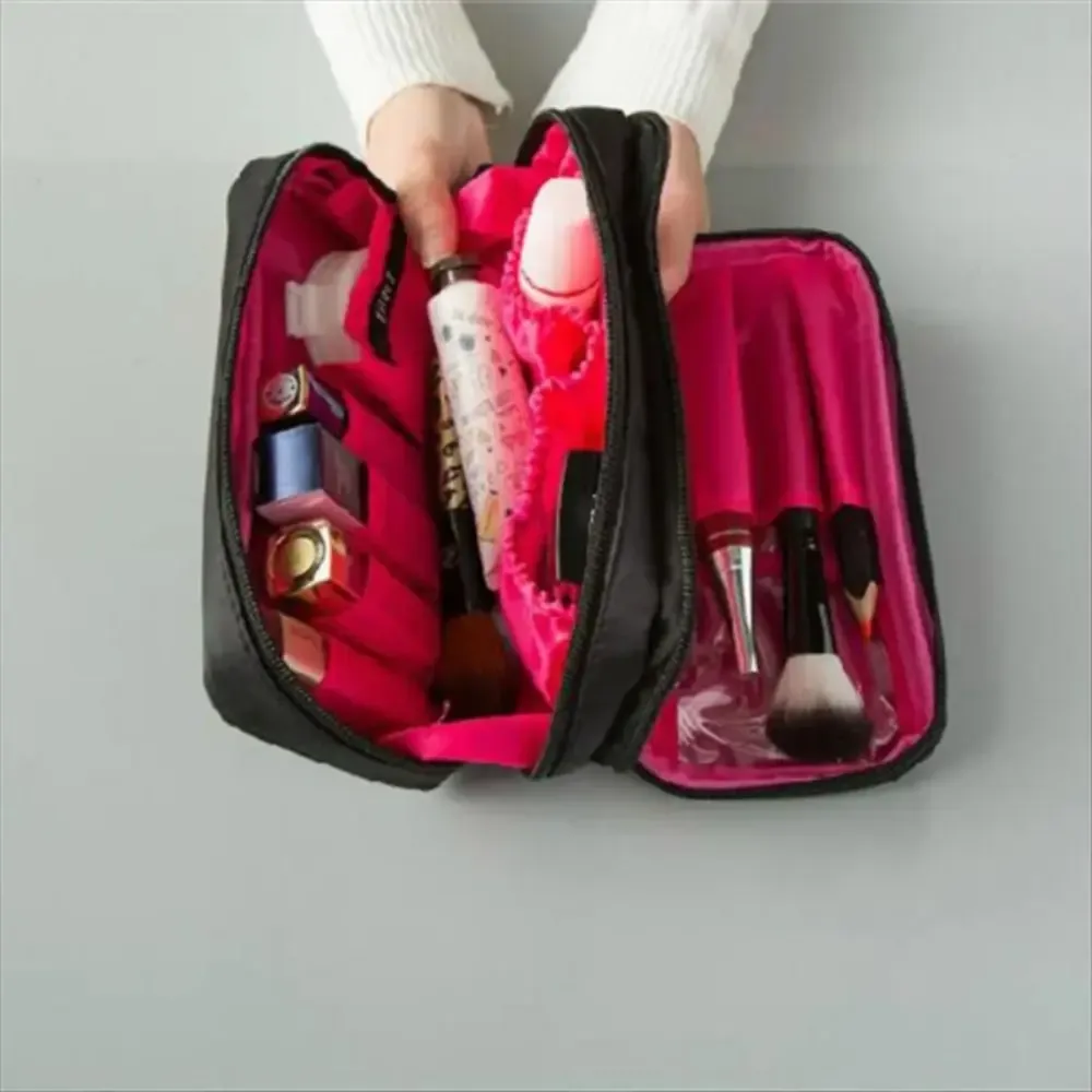 mini trousse de maquillage noire pour femme, sac de rangement en nylon pour fille, petit sac à cosmétiques à double fermeture éclair, mode de voyage design, 03/2