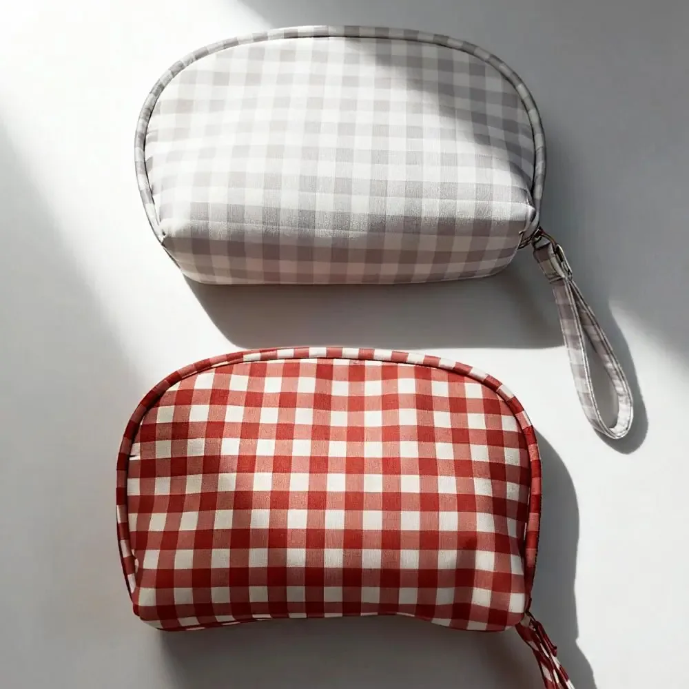 sac de maquillage simple en tissu oxford à carreaux rouges, imperméable, multifonctionnel, grande capacité, sa