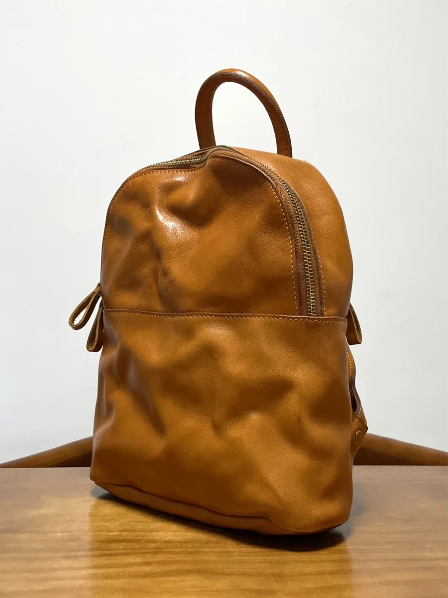 sac à dos vintage simple en cuir de vache tanné végétal pour femmes, sac à dos décontracté pour voyage en plei
