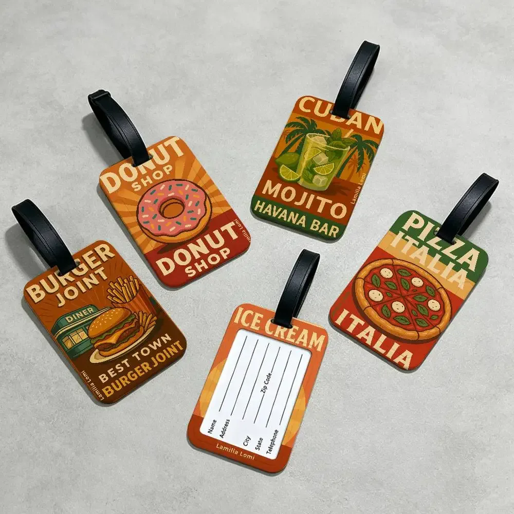 Étiquette de bagage en toile motif "Nourriture Délicieuse" pour voyage, carte d'information en PVC, protège-nom anti-perte pour sac à dos.