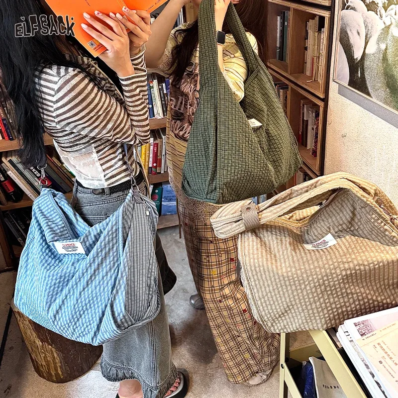 elfsack 2025 été nouveauté y2k plaid sac fourre-tout grande capacité coréen collège style bandoulière sac à bandoulière pour femme