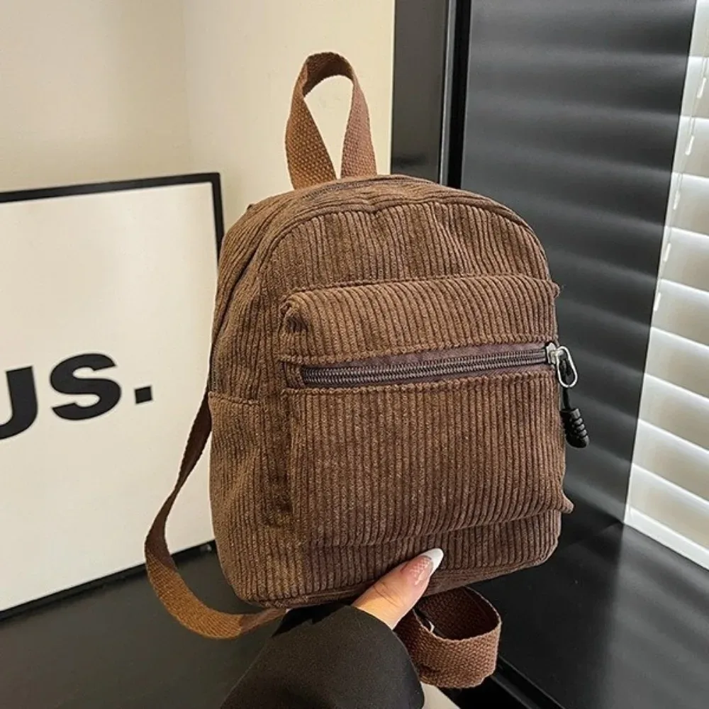 mini sac à dos en velours côtelé de couleur unie, léger, avec fermeture éclair, double bandoulière, portable, multi-poches, sac à dos de jour, décontracté, pour voyage