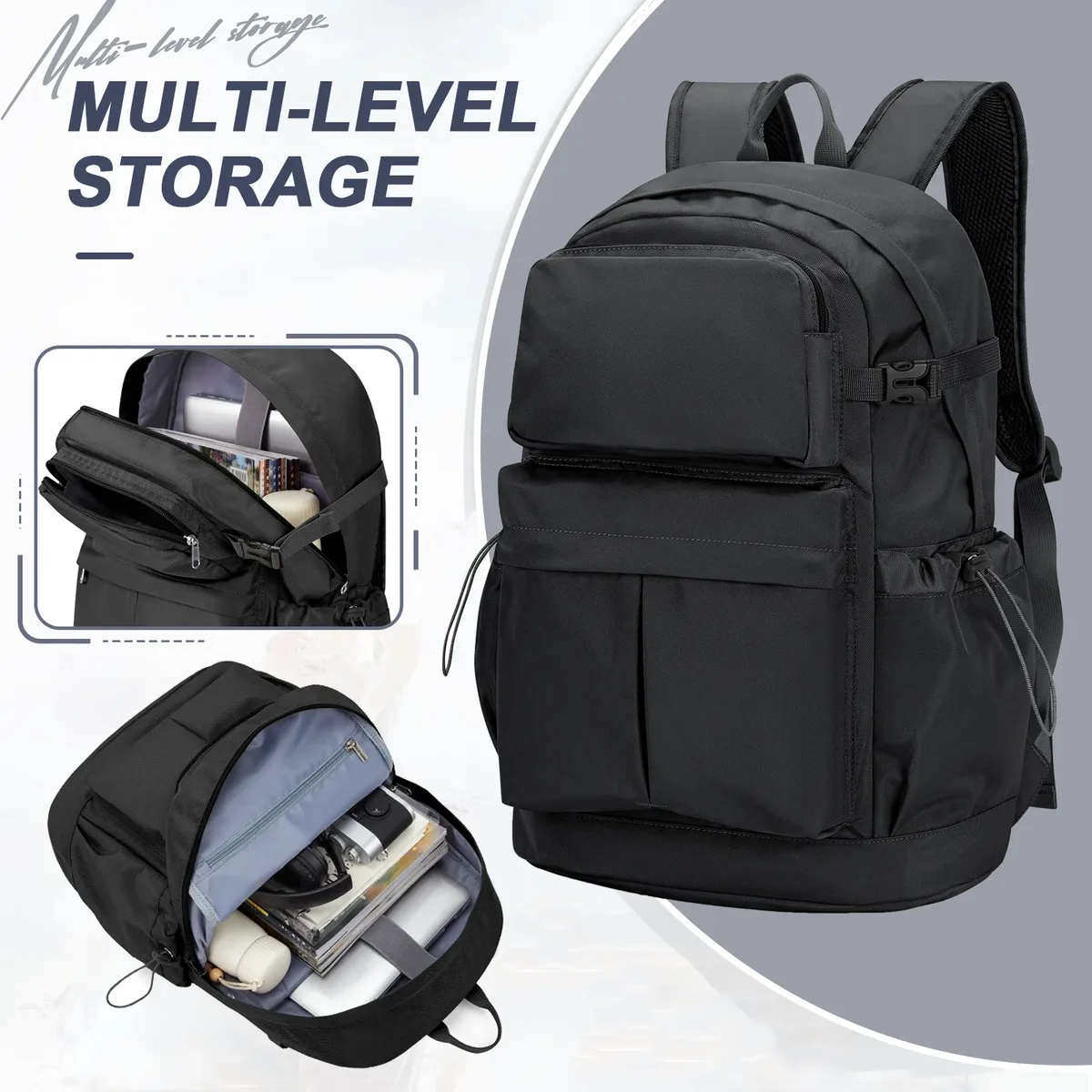 Sac à dos scolaire noir étanche 15,6 "sac pour ordinateur portable décontracté léger travail voyage sac à dos pour hommes femmes collège randonnée sacs à dos