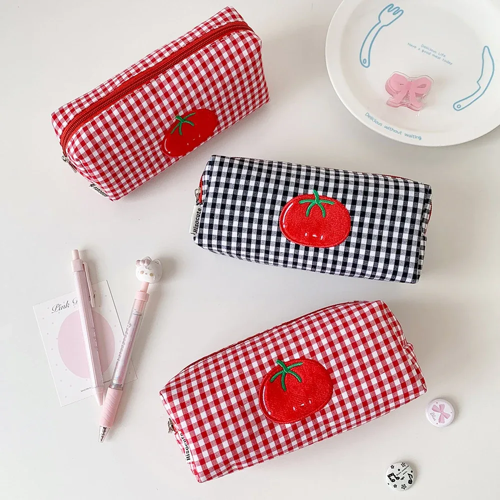 sac de maquillage à carreaux couleur tomate, sac de rangement pour pinceaux de maquillage, trousse à crayons portable de grande capacité