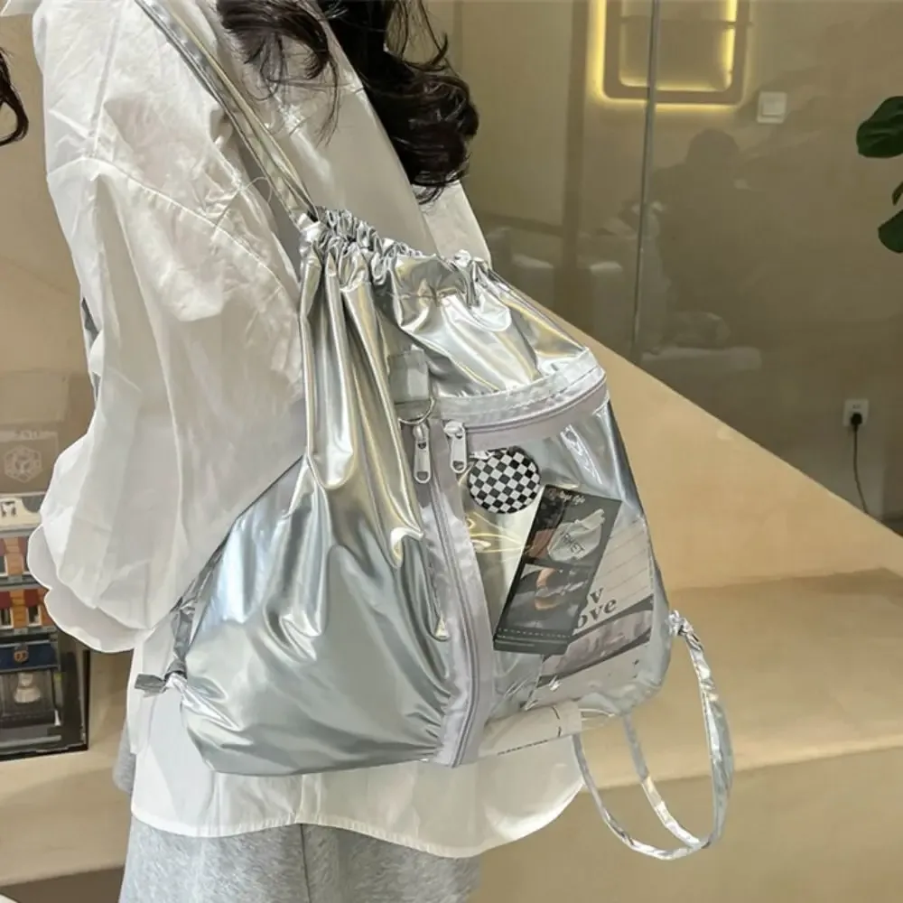 sac à dos transparent à cordon de serrage en pu argenté, grande capacité, style coréen, itabag, design tendance, sac à bandoulière léger