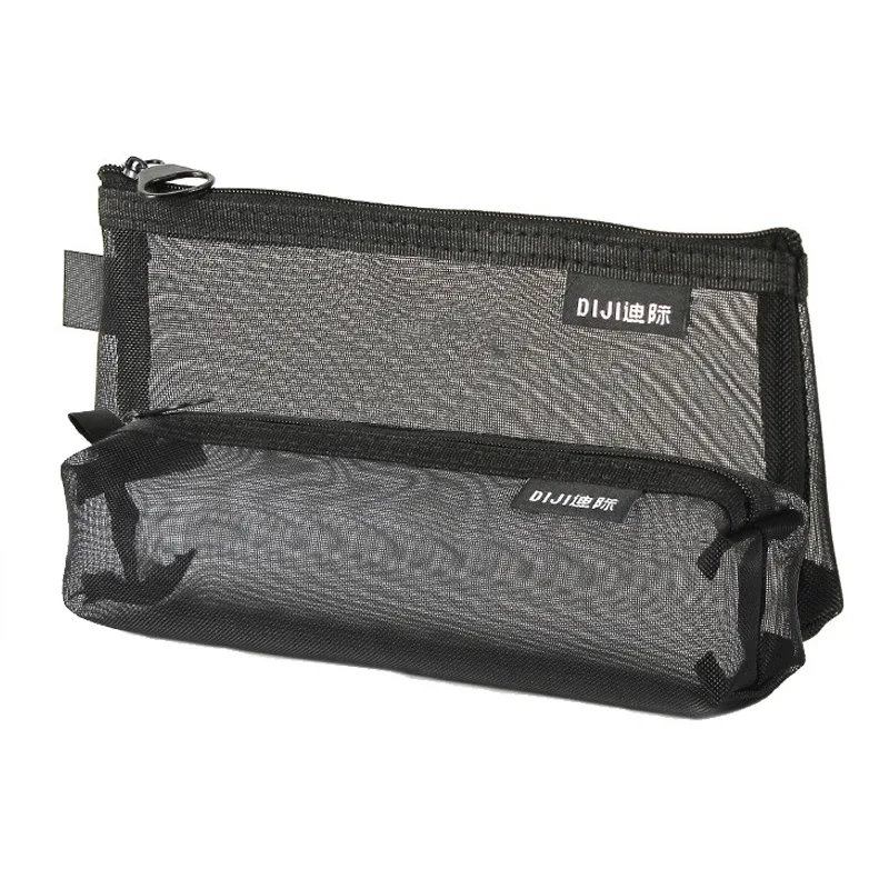 trousse de maquillage en nylon gris noir, maille, grande capacité, sacs transparents pour pinceaux cosmétiques, étudiants, trousse à crayons simple en nylon pour vacances