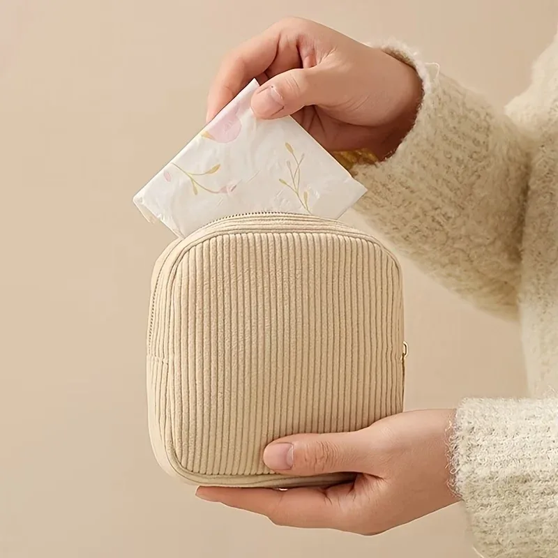 nouvelle trousse de maquillage en velours côtelé, pochette de rangement portable de grande capacité pour cosmétiques, pièces de monnaie et serviettes hygiéniques