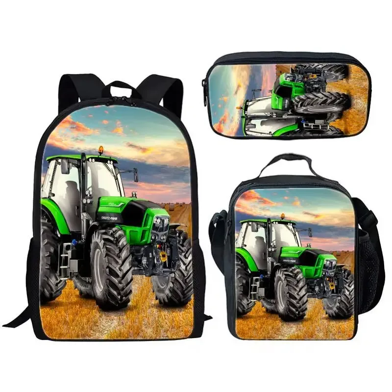sac à dos tendance et populaire pour étudiants, motif simulateur d'agriculture avec tracteur imprimé en 3d, lot de 3 pièces : sac à dos pour ordinateur portable, sac à déjeuner et trousse à crayons