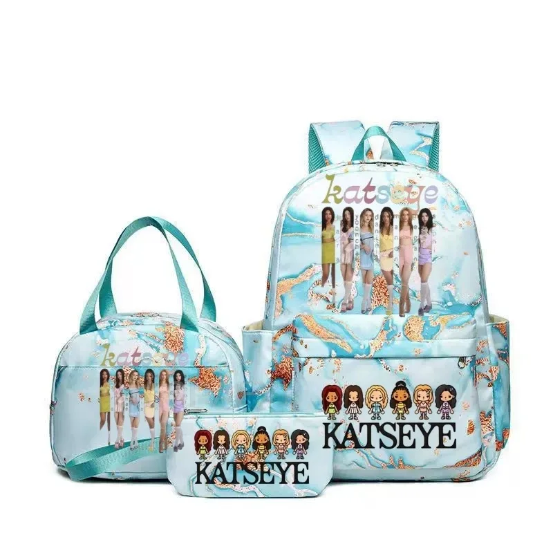 sacs à dos katseye à imprimé amusant avec sacs à lunch, multi-poches, camouflage, pour adolescents, sac à dos de voyage pour ordinateur portable, sac d'école pour femmes, mochila