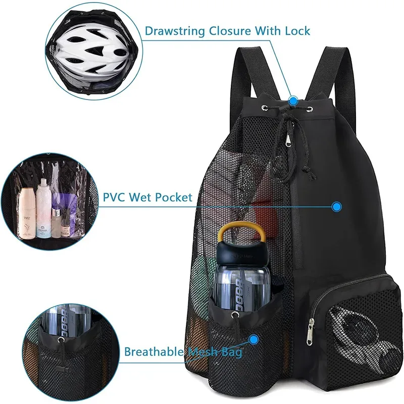 sac de bain en maille avec cordon de serrage, sac à dos de plage polyvalent avec poche humide pour la natation, la salle de sport et l'équipement d'entraînement