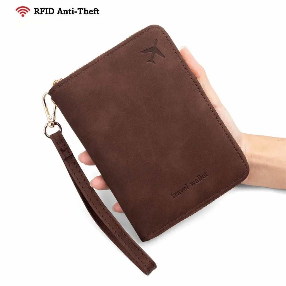 portefeuille de voyage multifonctionnel en pu avec protection rfid, couleur unie, anti-magnétique, fermeture éclair, sac de rangement pour documents, unisexe