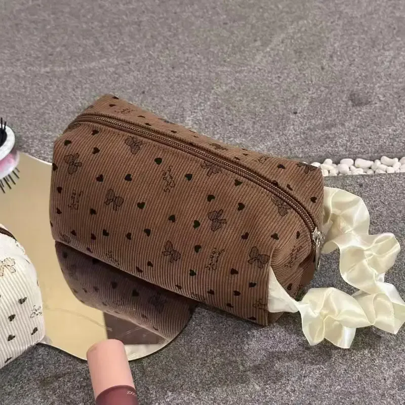 kawaii – trousse de maquillage avec nœud en velours côtelé, grande capacité, sacs à cosmétiques multifonctionnels pour femmes, étuis à main, trousse à crayons, sac de rangement