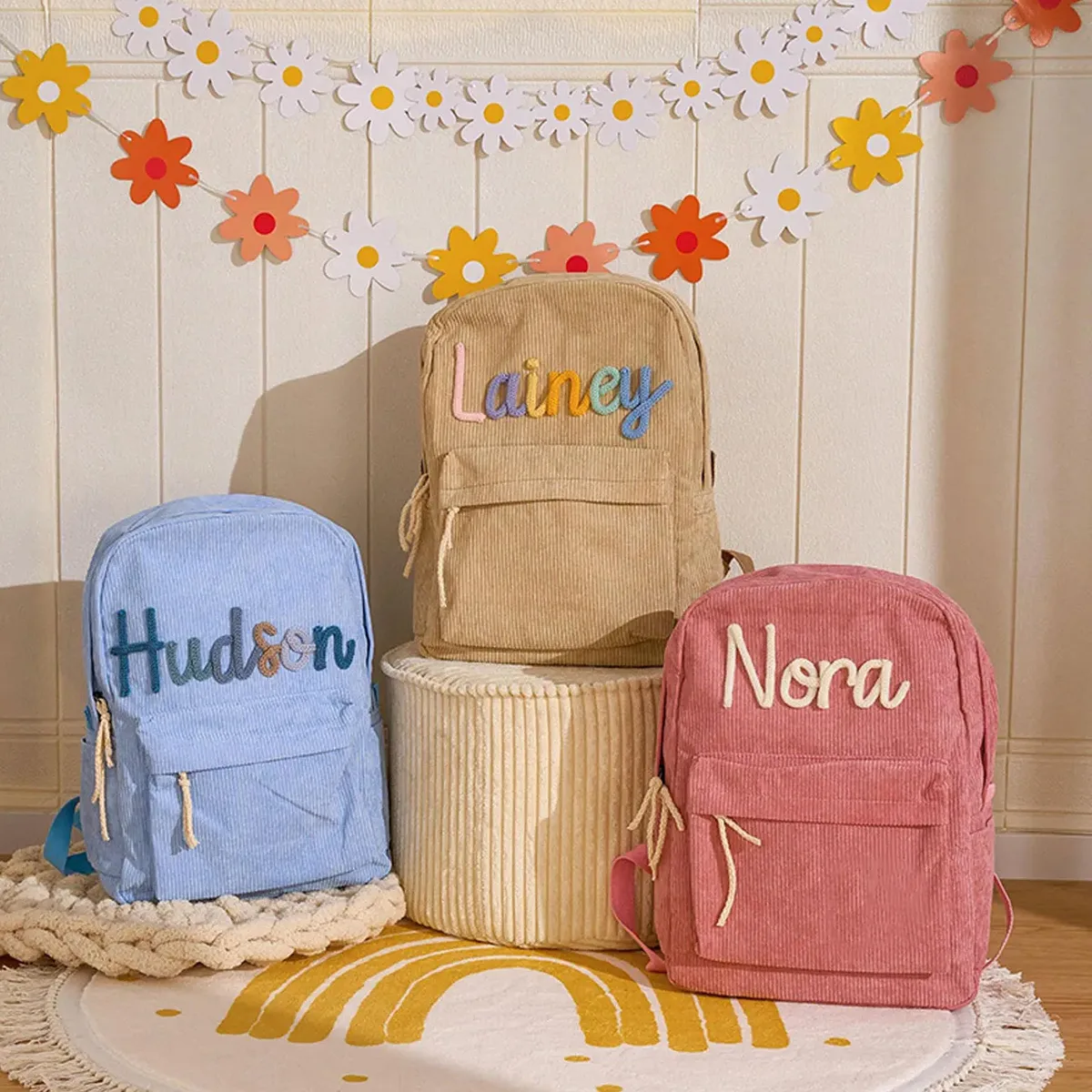 sac à dos personnalisé en velours côtelé pour hommes et femmes, lettres brodées à la main, sac à dos en tissu coloré, 1 pièce