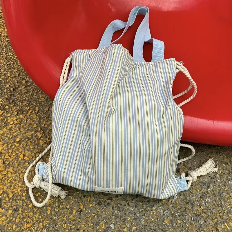 sac à dos en toile rayée grande capacité, style britannique, pour jeunes, avec cordon de serrage, idéal pour les trajets quotidiens