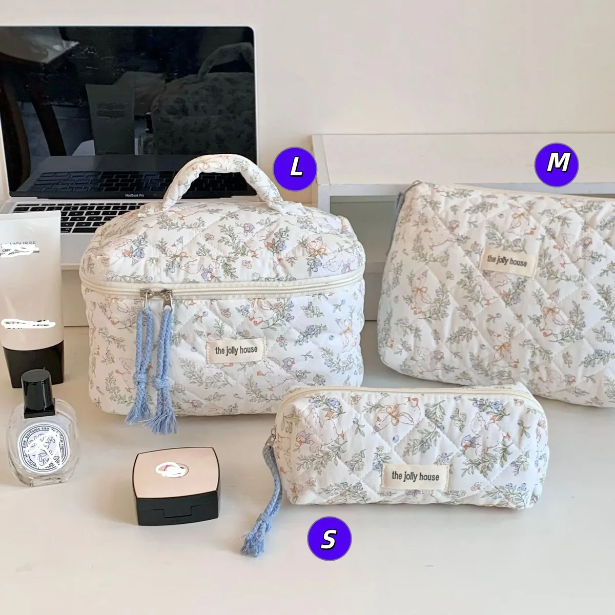 sac de rangement pour cosmétiques en coton matelassé, trousse de toilette de voyage portable, trousse de maquillage à pois vert menthe, grande capacité, style ins
