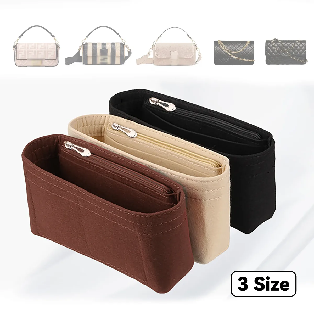 Organisateur de sac en feutre tendance, parfait pour les sacs à main de marque pour femmes, les trousses de maquillage et les accessoires de sac.