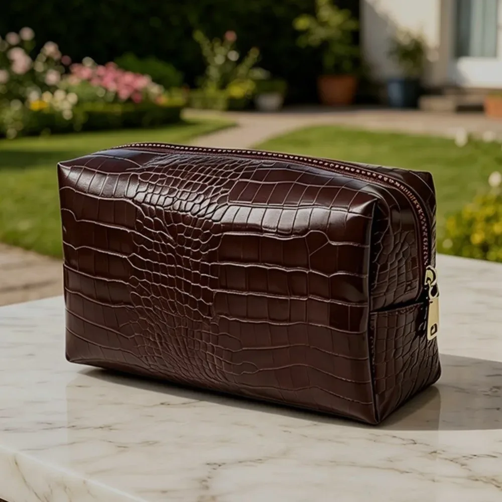 sac à maquillage en cuir pu imperméable, grande capacité, motif crocodile gaufré, fermeture à glissière, pochette cosmétique, utilisation en voyage