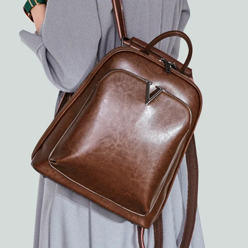sac à dos en cuir véritable à la cire d'huile pour femmes, à bandoulière, en cuir de vache, pour l'école, de jour, rétro, à la mode