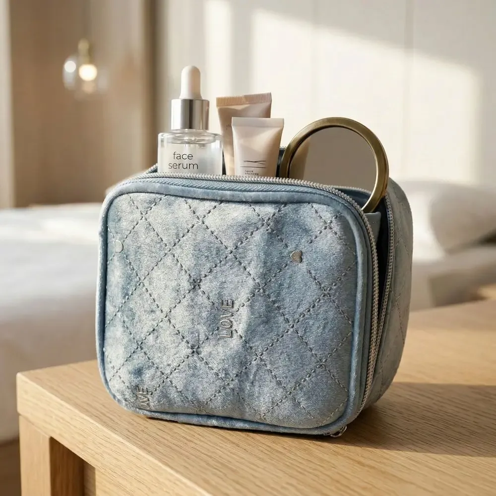 Trousse de Maquillage en Velours Mignonne, Portable, avec Fermeture Éclair, Sac Cosmétique Carré Compact et Simple, Mini Trousse de Maquillage, Organisateur de Maquillage