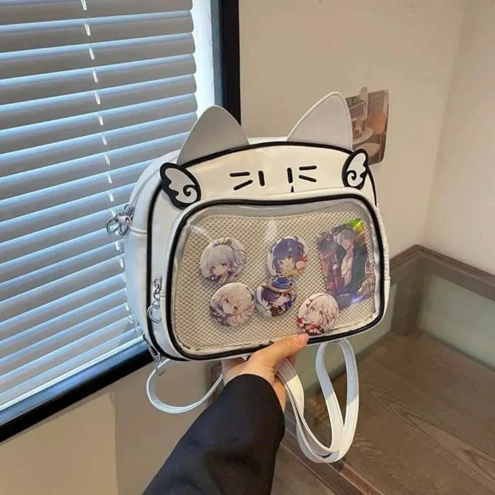 sac à fermeture éclair mignon, itabag chat kawaii, sac en coton pu, poche transparente, sac pour petits objets, sac de rangement pour badges, sacs à dos tendance pour filles