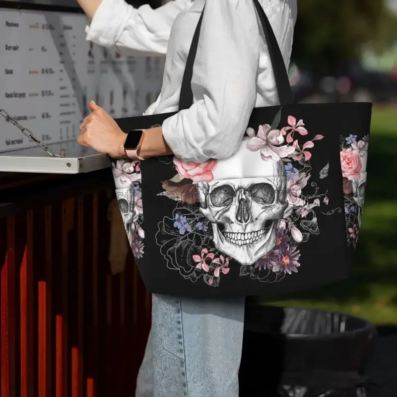 grand sac de plage étanche pour femme, crâne de sucre, fleur d'halloween, sac fourre-tout de piscine anti-sable, natation, salle de sport, voyage, vacances