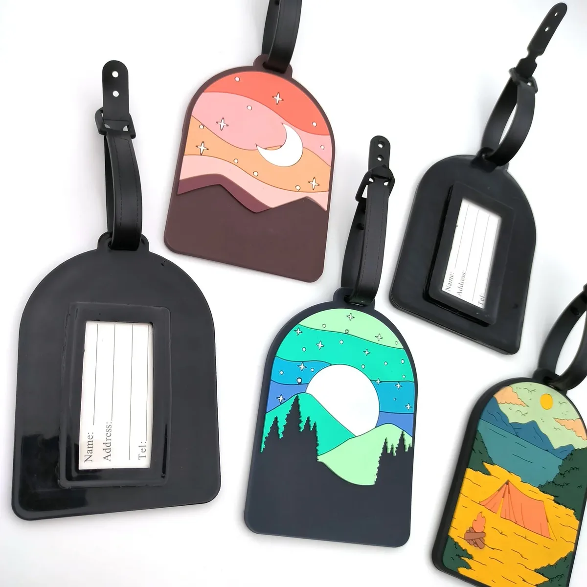 étiquette de bagage pour valises, étiquettes d'identification de bagages avec paysage de montagne et de coucher de soleil pour le voyage, protection de la vie privée pour sacs de voyage