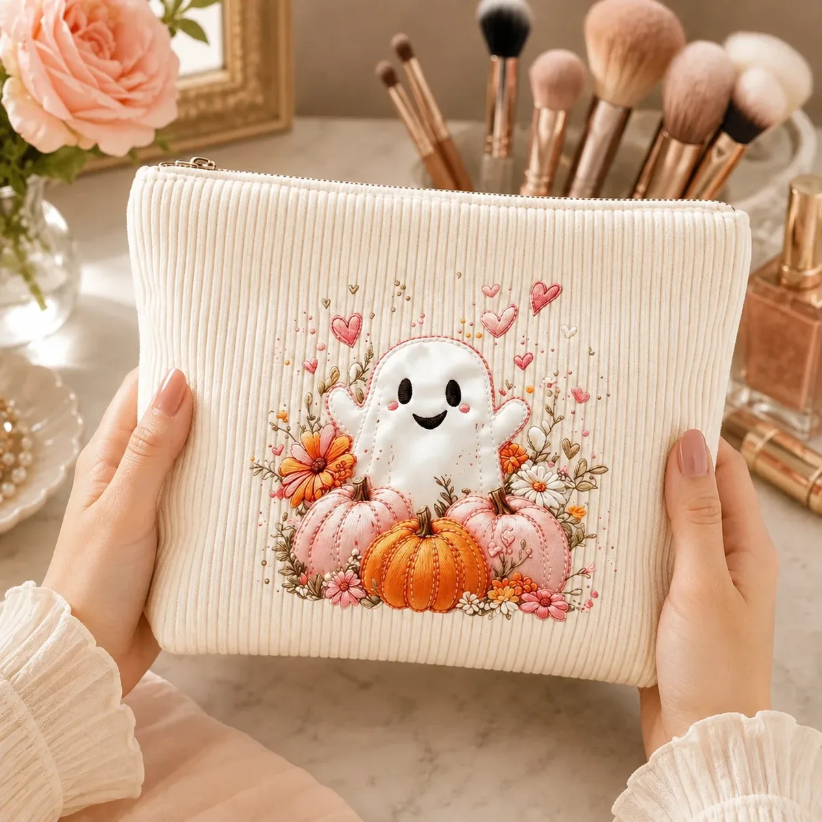 trousse de maquillage halloween fantôme en velours côtelé grande capacité sac de voyage organisateur de toilette pochette femme cadeau de fête d'automne