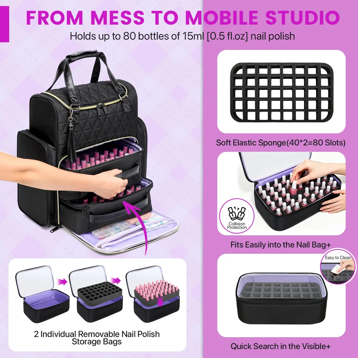 sac à dos organisateur de vernis à ongles, multi-compartiments, pour accessoires de manucure, outils de coupe-ongles, sac de transport pour accessoires de nail art, capacité 80+