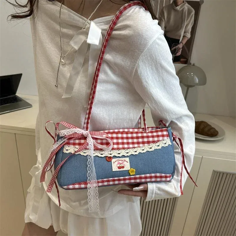 sacs à bandoulière en dentelle à carreaux pour femmes, sac sous les bras en patchwork de style collégial pour filles, design plissé simple, sacs à main féminins