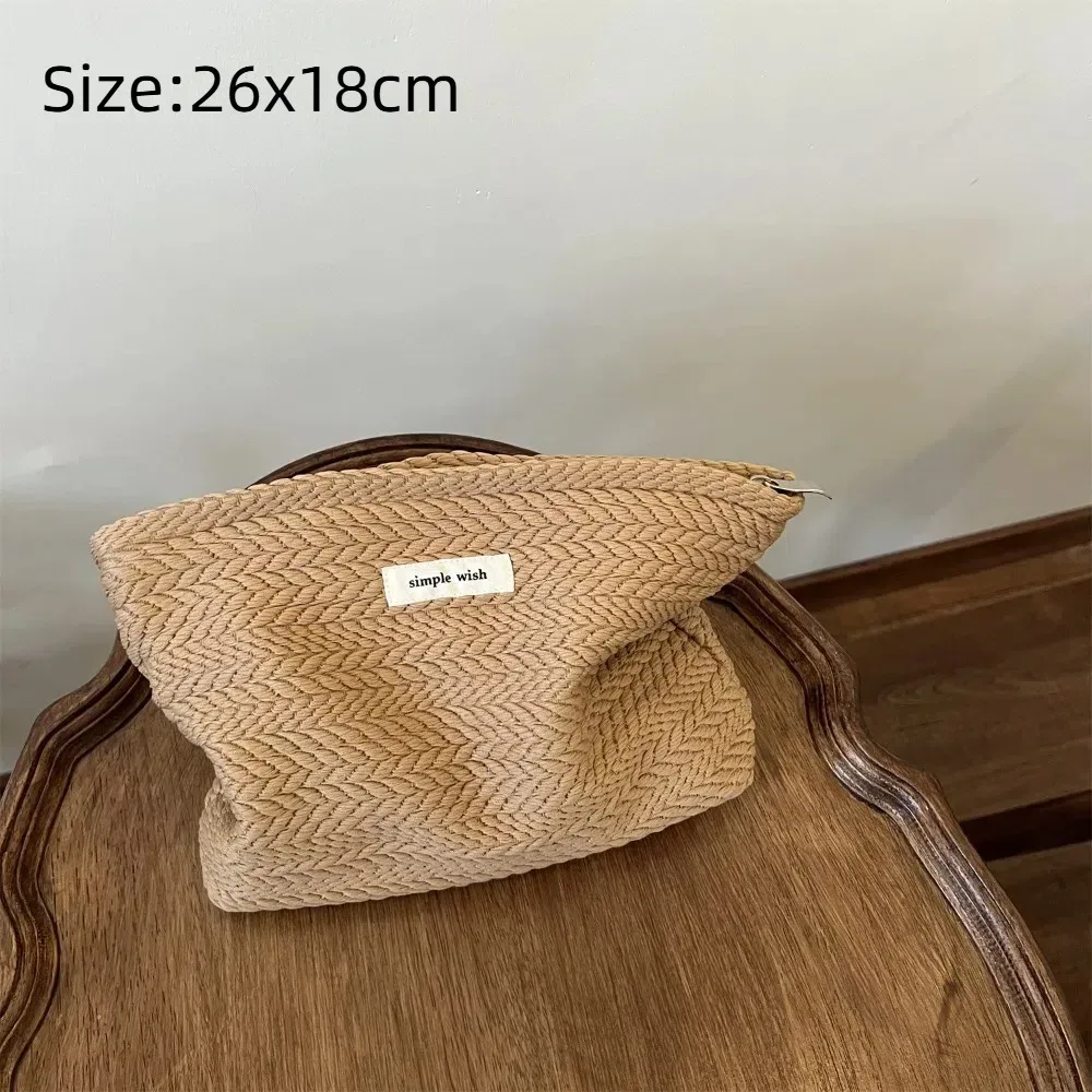 sac de maquillage à fermeture éclair, nouvelle mode, pochette en tissu tissé de grande capacité, sac à cosmétiques portable, sac de rangement de voyage de couleur unie