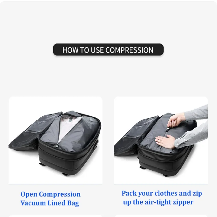 sac à dos de voyage pour hommes, sac à dos à compression sous vide pour ordinateur portable de 17 pouces, sac à dos d'affaires de grande capacité, sac à dos d'école extensible pour randonnée