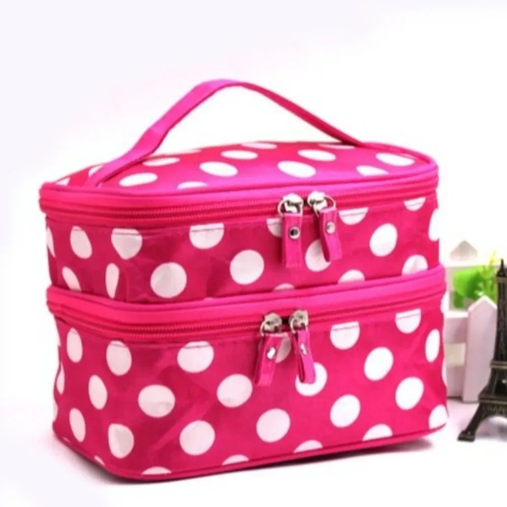 sac de maquillage double couche à pois, trousse de toilette portable grande capacité, étui de voyage pour maquillage