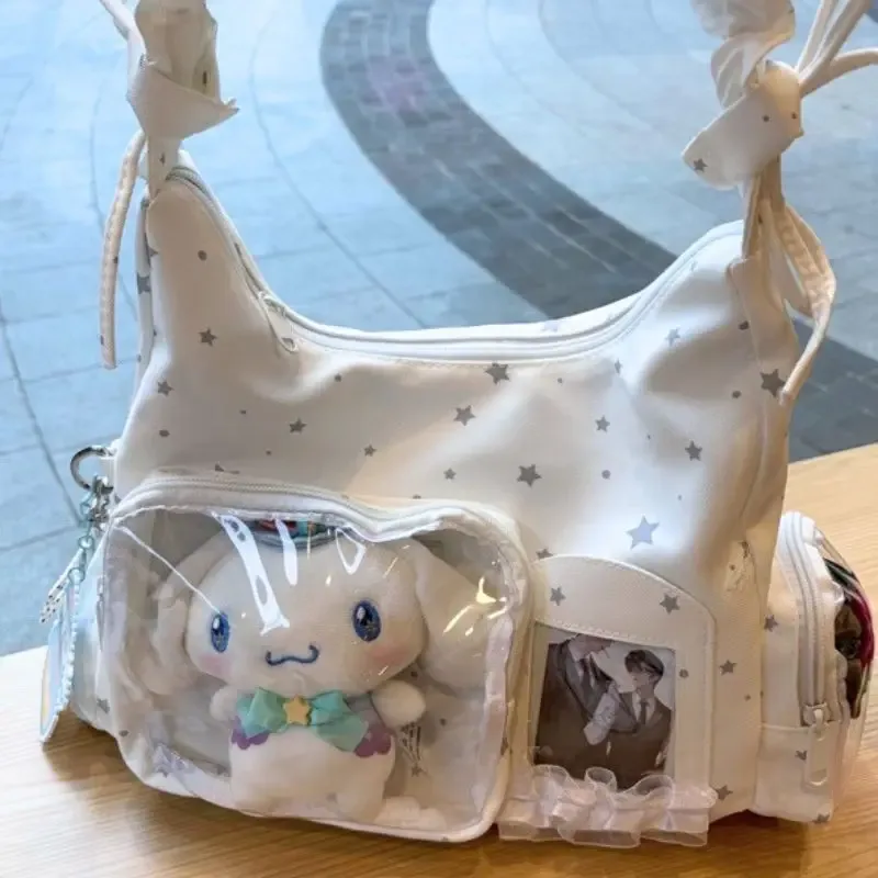 sac à bandoulière transparent à motif étoile avec volants, pochette ita, sac hobo, sac de collection pour fans, sac à main avec fenêtre transparente pour cartes photo