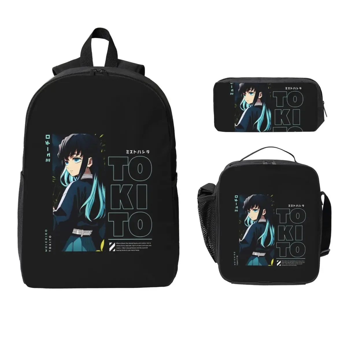 muichiro tokito demon slayer sac à dos garçons filles bookbag sac d'école ordinateur portable sacs à bandoulière 3ps sac à déjeuner isolé trousse à crayons