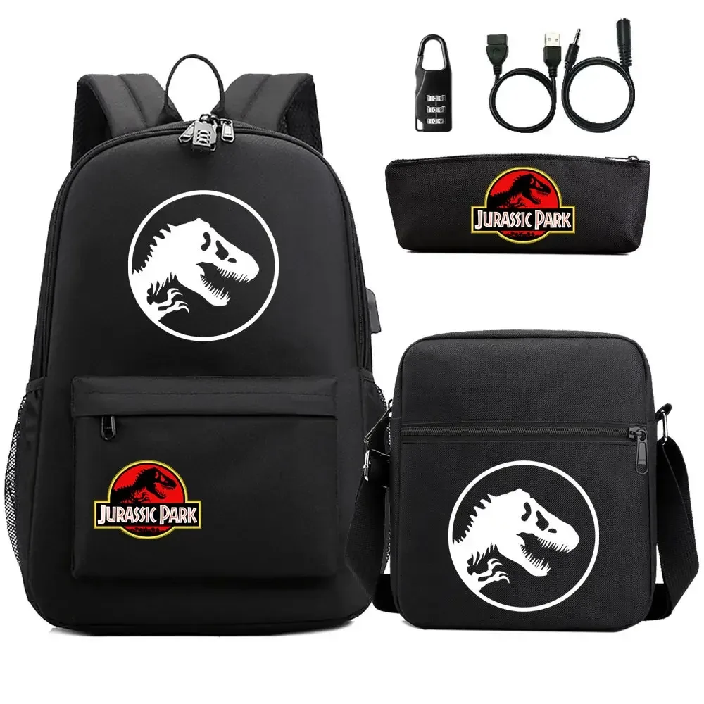 dinosaure jurassic park world 3 pièces usb antivol serrure garçon fille enfants école livre sacs voyage sac à dos sac à bandoulière stylo sac