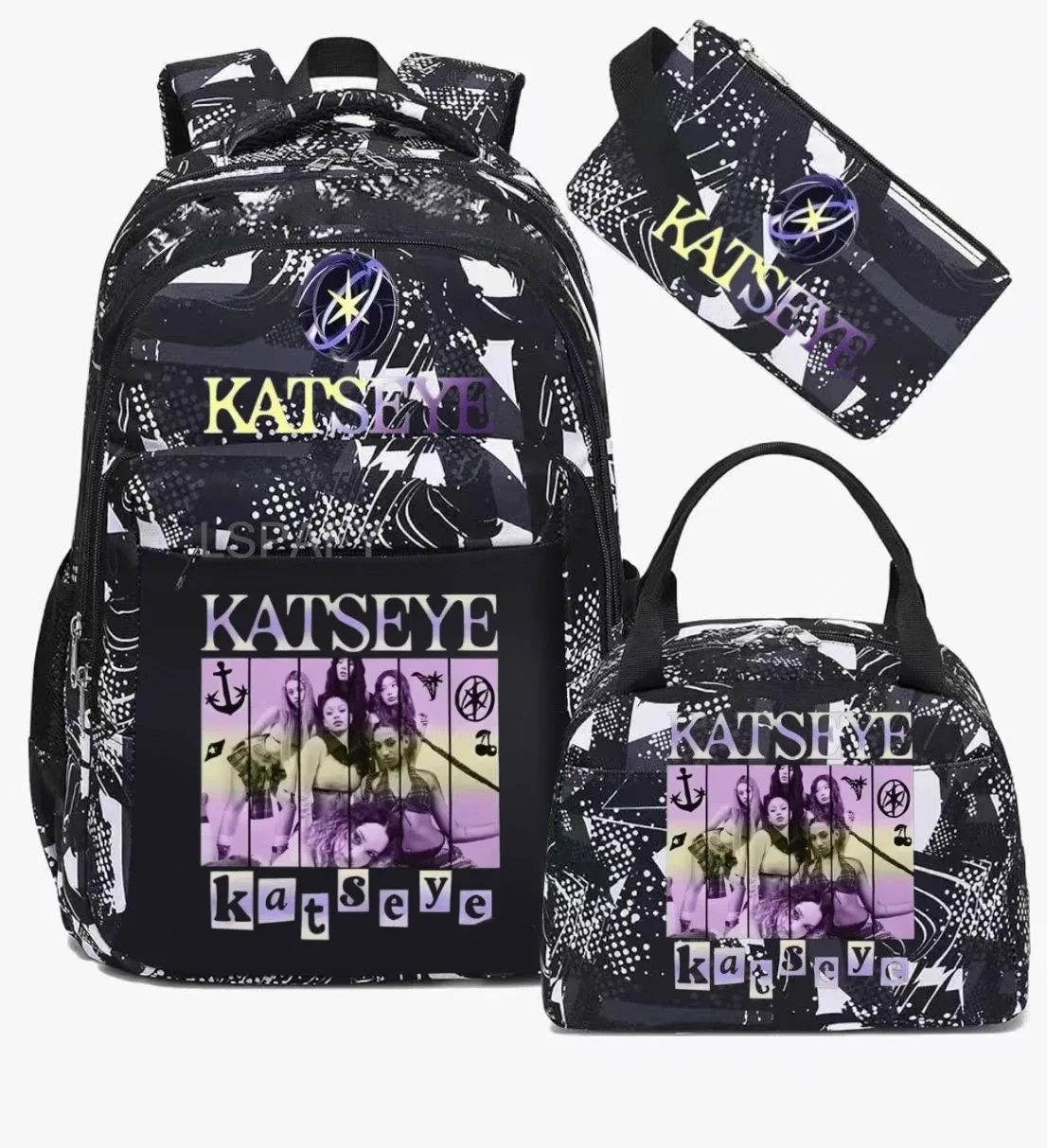 Sacs d'école imprimés Fashion Katseye, ensemble de 3 pièces, sac à dos pour l'école primaire, garçons et filles, sac à dos de sport avec sac à lunch et trousse à crayons