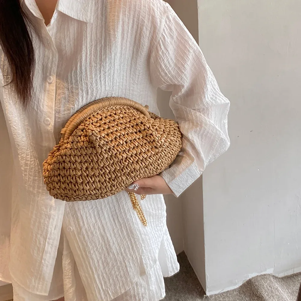 sac tissé en paille pour femmes, pochette en paille avec sangle en chaîne, sac à bandoulière élégant de grande capacité, couleur unie pour la plage d'été