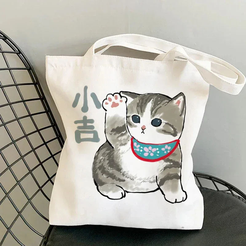 femme sacs à provisions kawaii dessin animé chats amusant sac fourre-tout shopper organisateur décontracté déjeuner sacs à main grande capacité toile sacs à bandoulière