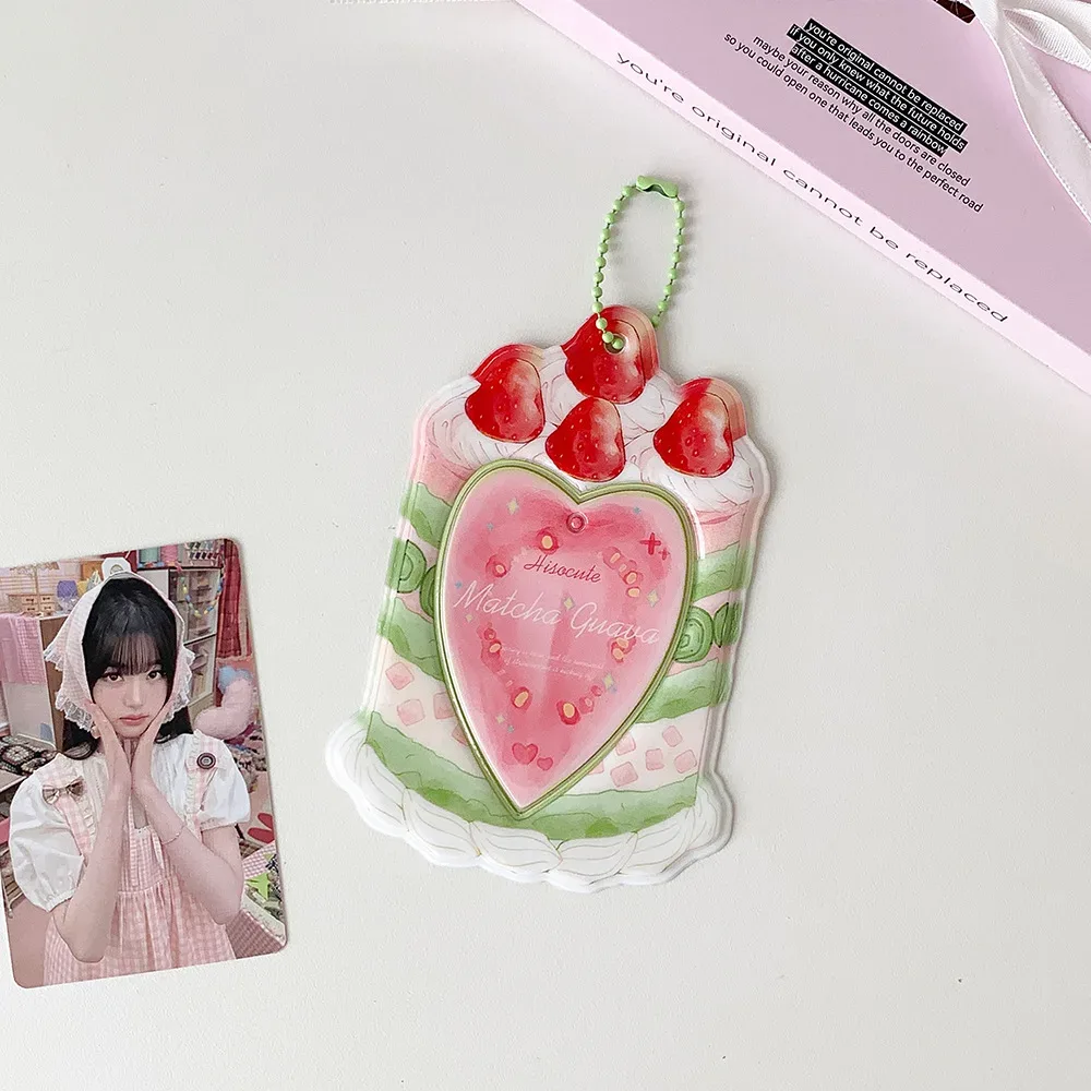 porte-cartes kpop 3 pouces, motif gâteau fraise mignon, protège-cartes cœur, pendentif sac portable, décor sac à dos, porte-clés, étui pour cartes