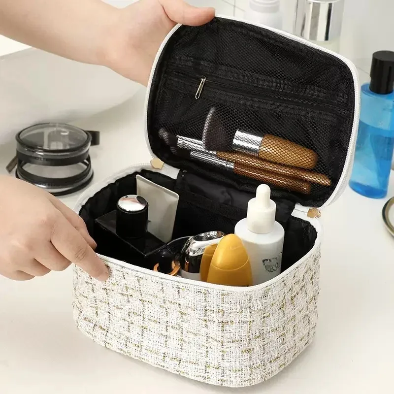 1 sac à cosmétiques classique multifonctionnel de grande capacité, double fermeture éclair avec poignée, sac de toilette de voyage portable