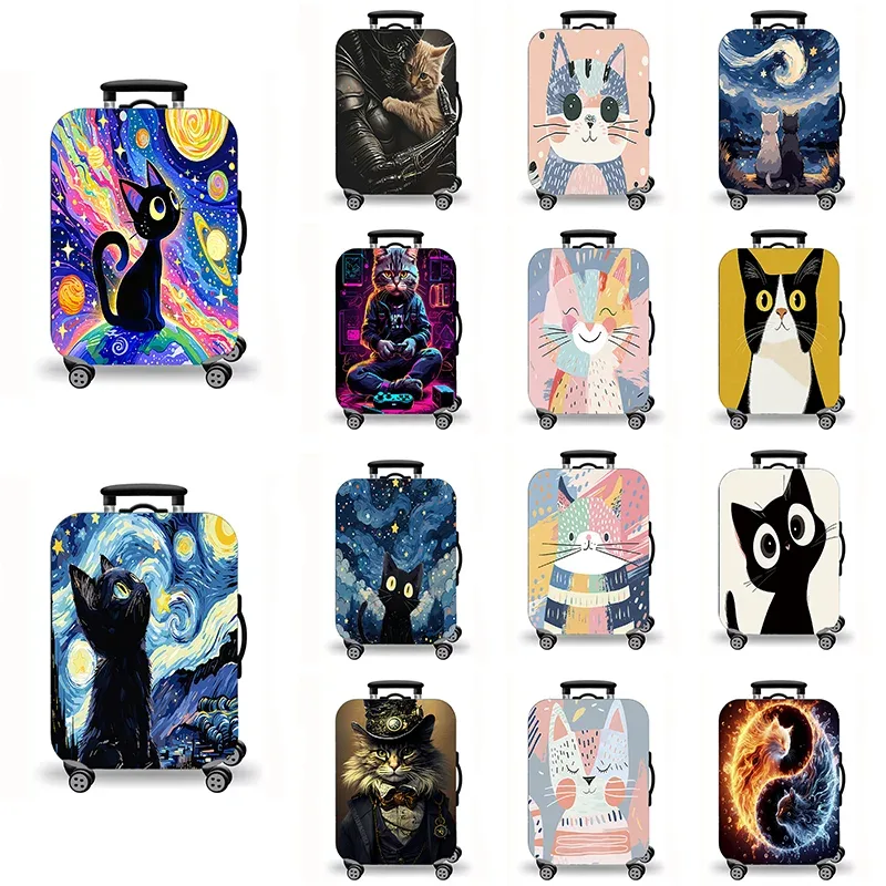 Housse de bagage, housse de protection extensible pour valise avec imprimé fantaisie de chat de nuit étoilée, housse de bagage de voyage lavable et anti-rayures