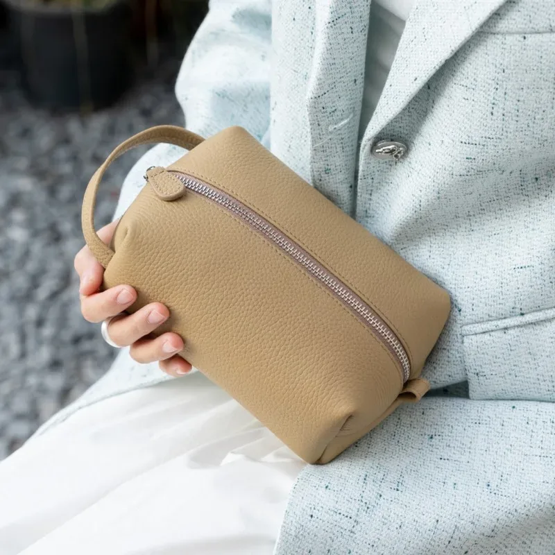 sac de maquillage en cuir véritable de haute qualité, sac à cosmétiques simple, étui de rangement de toilette pour femmes, pochette de rangement portable de voyage pour dames