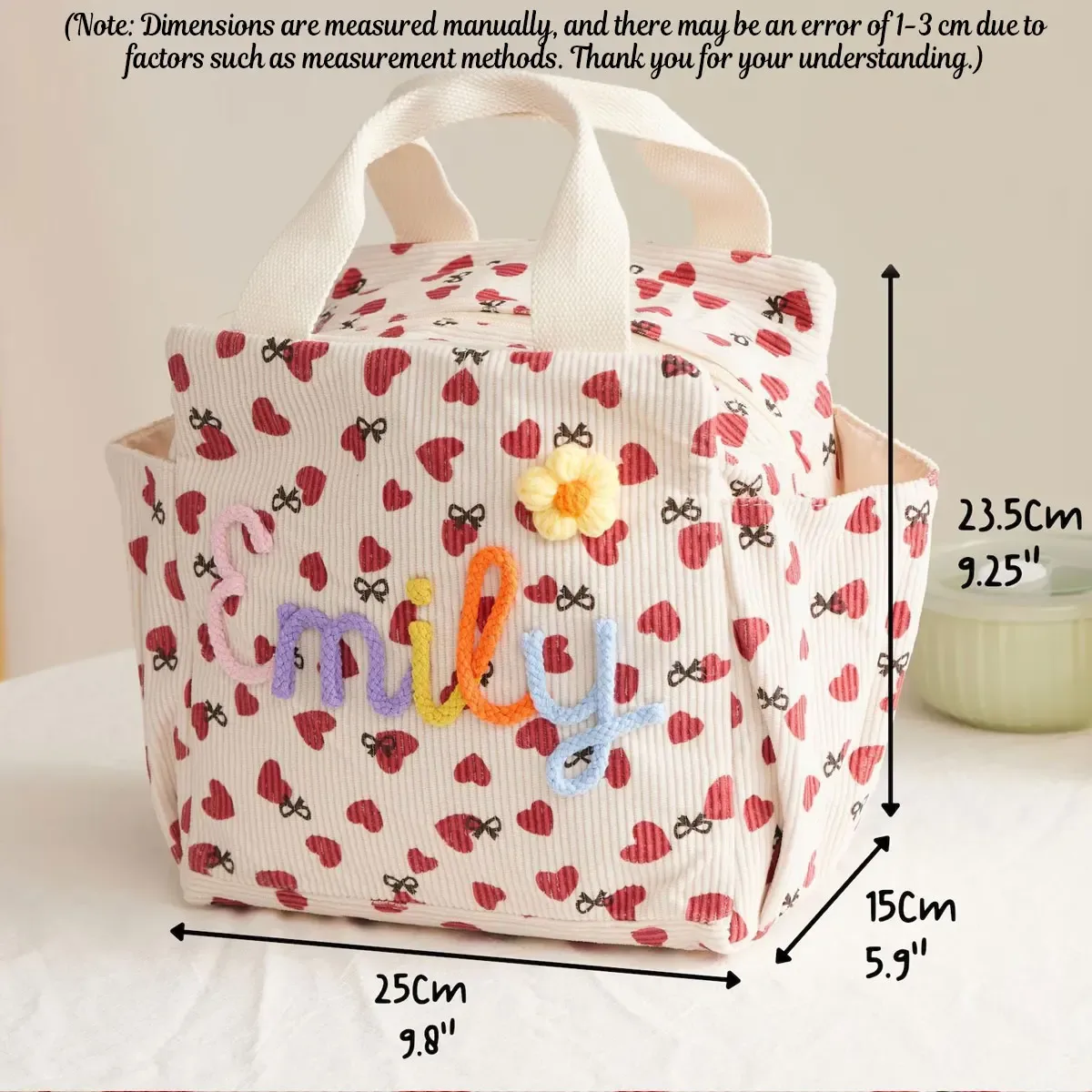 sac fourre-tout personnalisé avec initiales – sac à déjeuner isotherme en velours côtelé grande capacité personnalisé ; cadeau de rentrée scolaire, sac de vacances et de fête