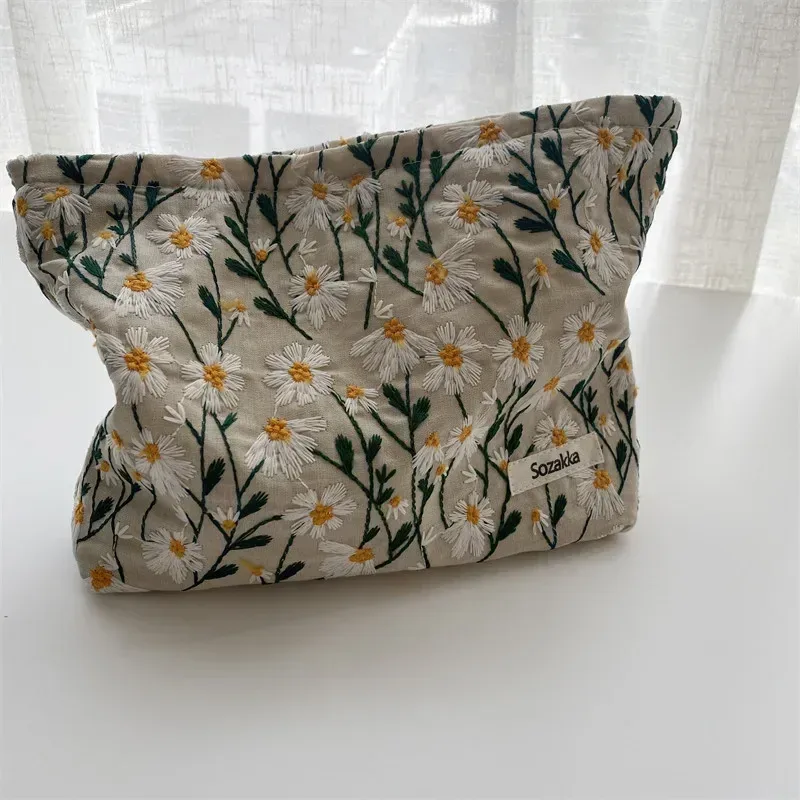 sac à cosmétiques brodé en velours côtelé, pochette, grands sacs de rangement de maquillage, pochette à cosmétiques coréenne pour femmes, trousse de toilette mignonne et de beauté