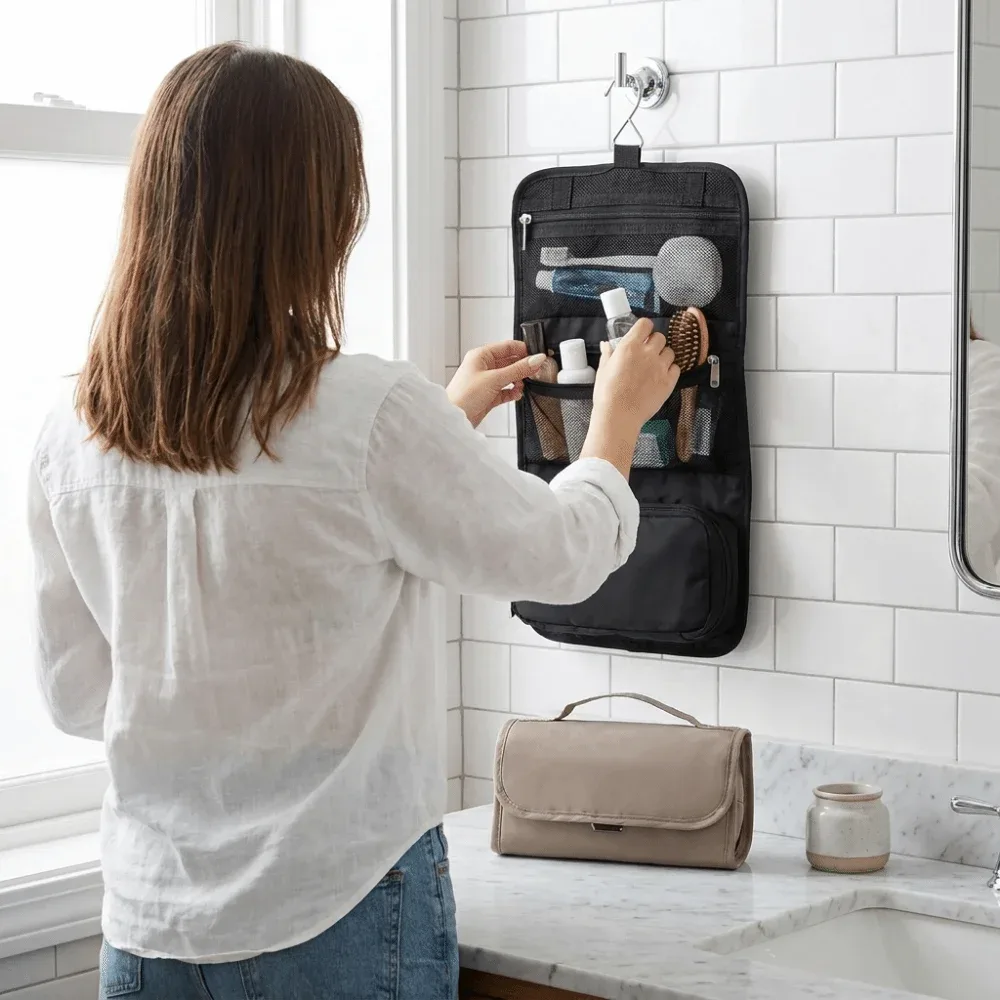 trousse de toilette portable grande capacité, étanche, avec séparation sec/humide, sac de rangement pour maquillage, plusieurs compartiments, pliable