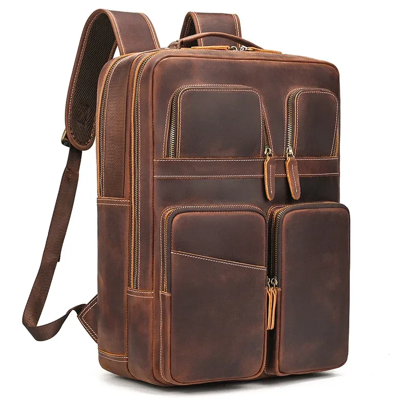 sac à dos vintage en cuir de cheval pour homme, sac à dos en cuir de vachette, grand sac à dos de voyage classique, grand sac à main pour ordinateur portable 15.6"