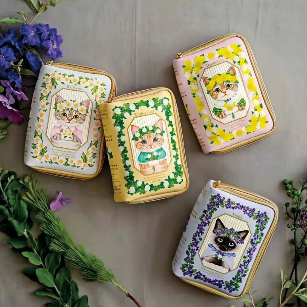 Trousse de maquillage en forme de livre, motif chat et plante, sac de rangement créatif