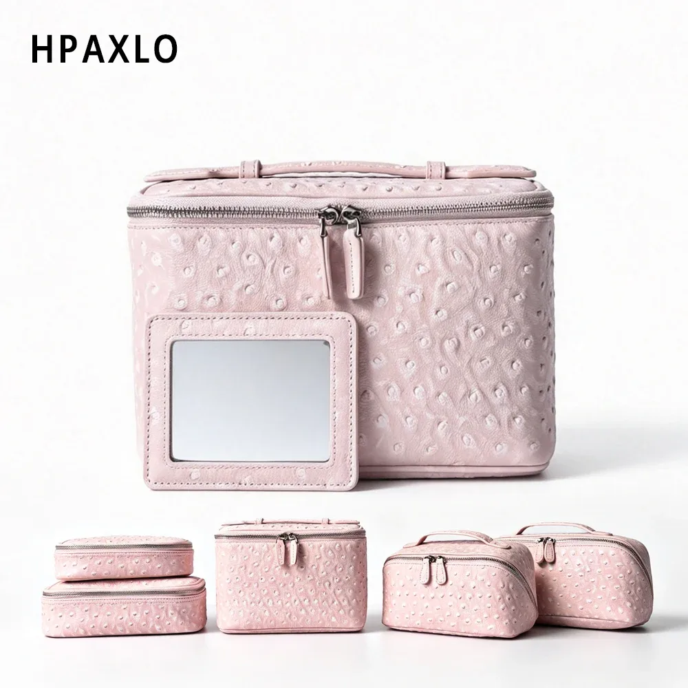 Nouvelle trousse de maquillage en cuir d'autruche, organisateur de cosmétiques portable de voyage, rose neige, pour femmes, sac à main, trousse de toilette, pochette à cosmétiques