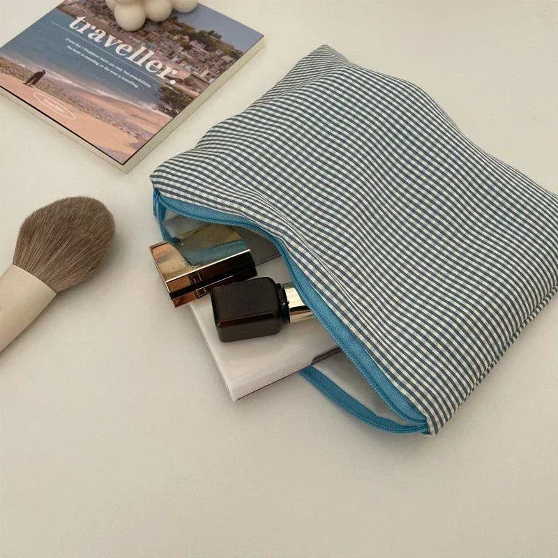 trousse de maquillage de voyage, pochette simple portable, sac à cosmétiques pour femmes, trousse de maquillage à carreaux, grande capacité, pochette en coton à fermeture éclair