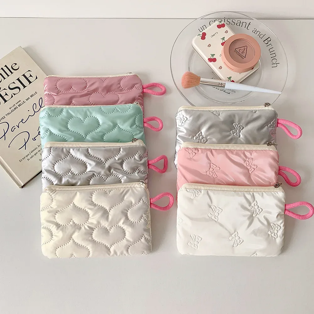 Sac cosmétique brillant argenté Ins Bow, petit sac portable, sac de rangement pour écouteurs, câble de données, porte-monnaie